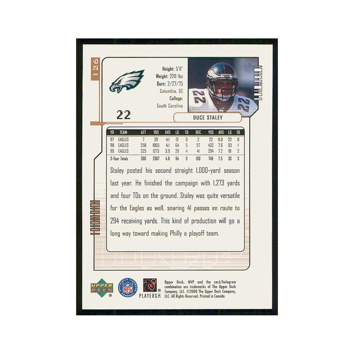 2000 Upper Deck MVP Duce Staley Eagles #126