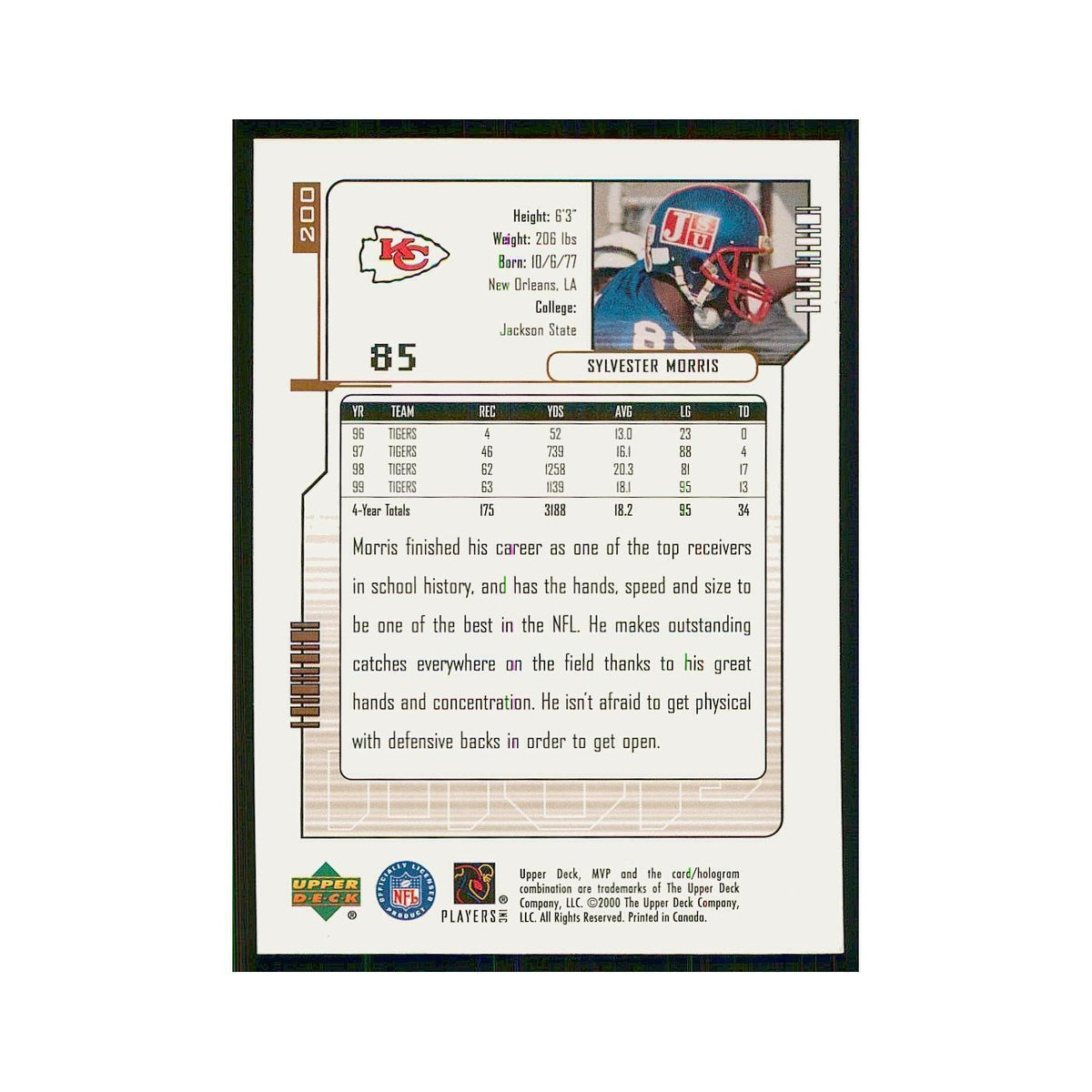 2000 Upper Deck MVP Sylvester Morris RC Chiefs #200