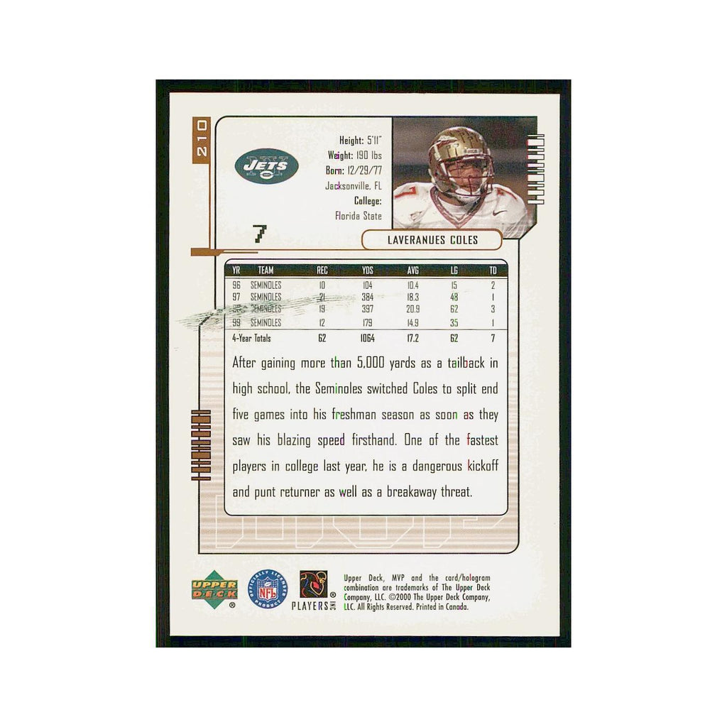 2000 Upper Deck MVP Laveranues Coles RC Jets #210