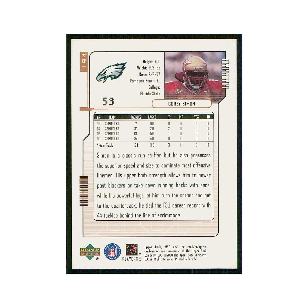 2000 Upper Deck MVP Corey Simon RC Eagles #194