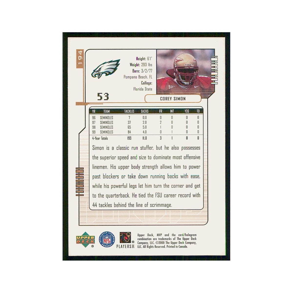 2000 Upper Deck MVP Corey Simon RC Eagles #194