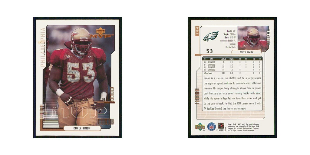 2000 Upper Deck MVP Corey Simon RC Eagles #194