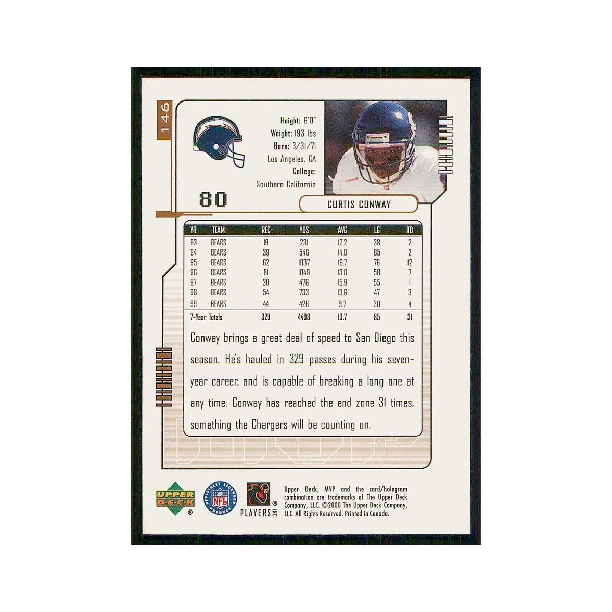 2000 Upper Deck MVP Curtis Conway San Diego Chargers #146