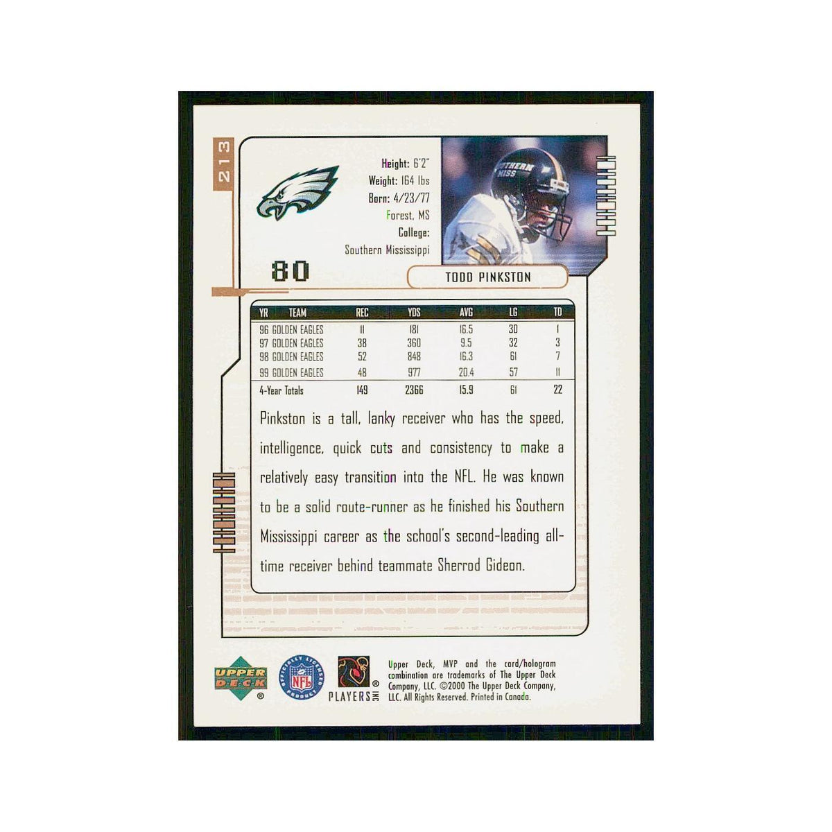2000 Upper Deck MVP Todd Pinkston RC Eagles #213