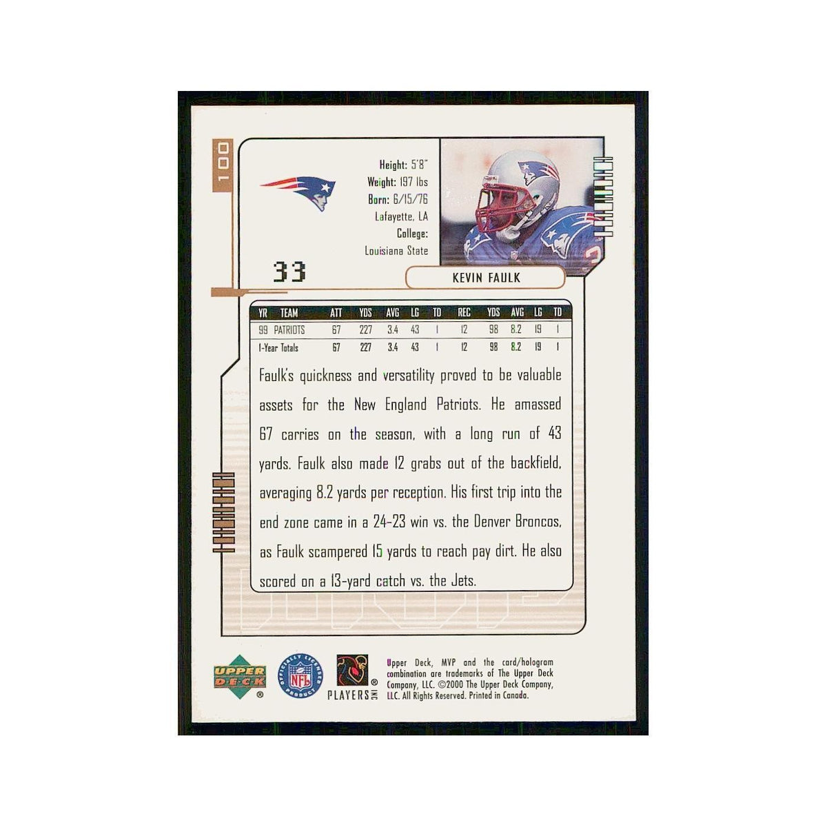 2000 Upper Deck MVP Kevin Faulk Patriots #100