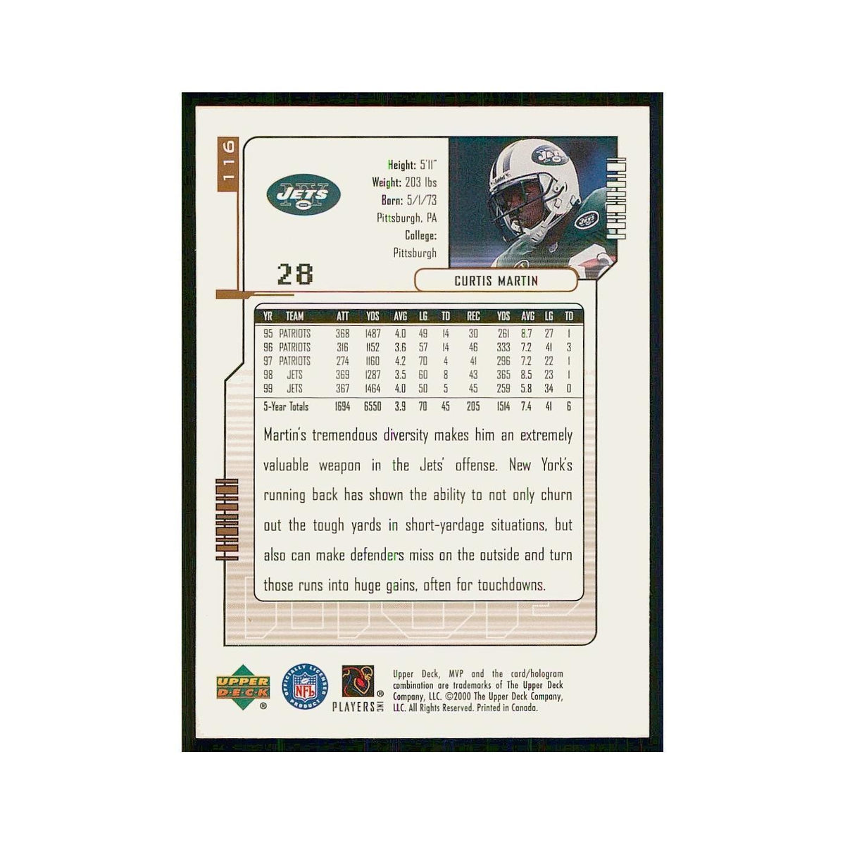 2000 Upper Deck MVP Curtis Martin Jets #116