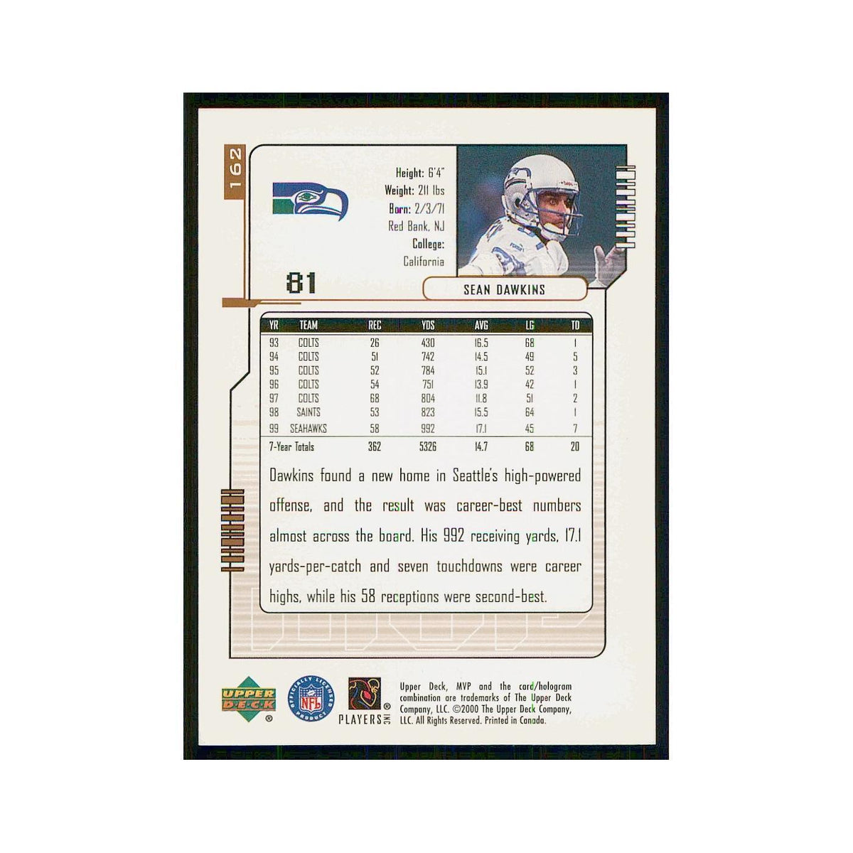 2000 Upper Deck MVP Sean Dawkins Seahawks #162