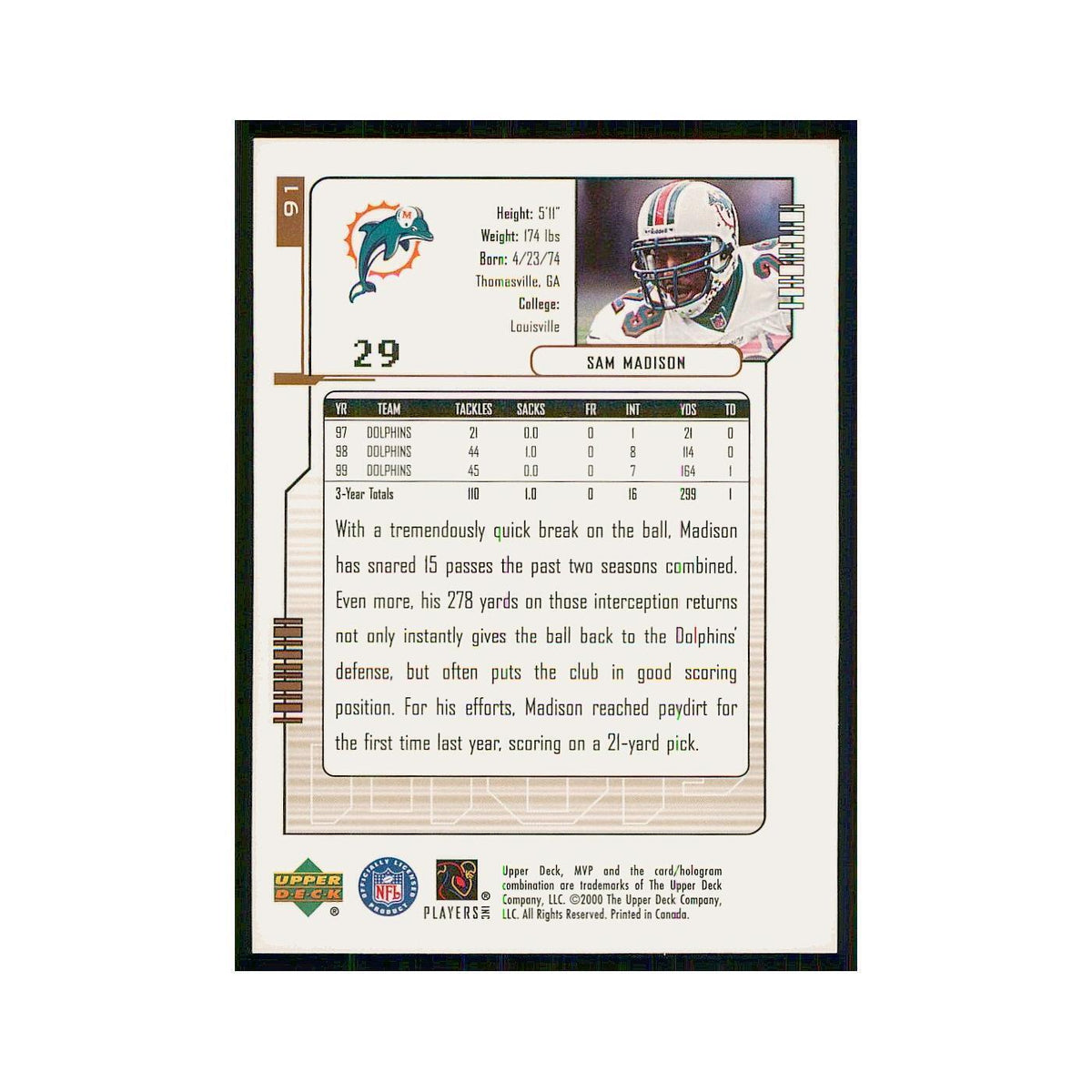 2000 Upper Deck MVP Sam Madison Dolphins #91