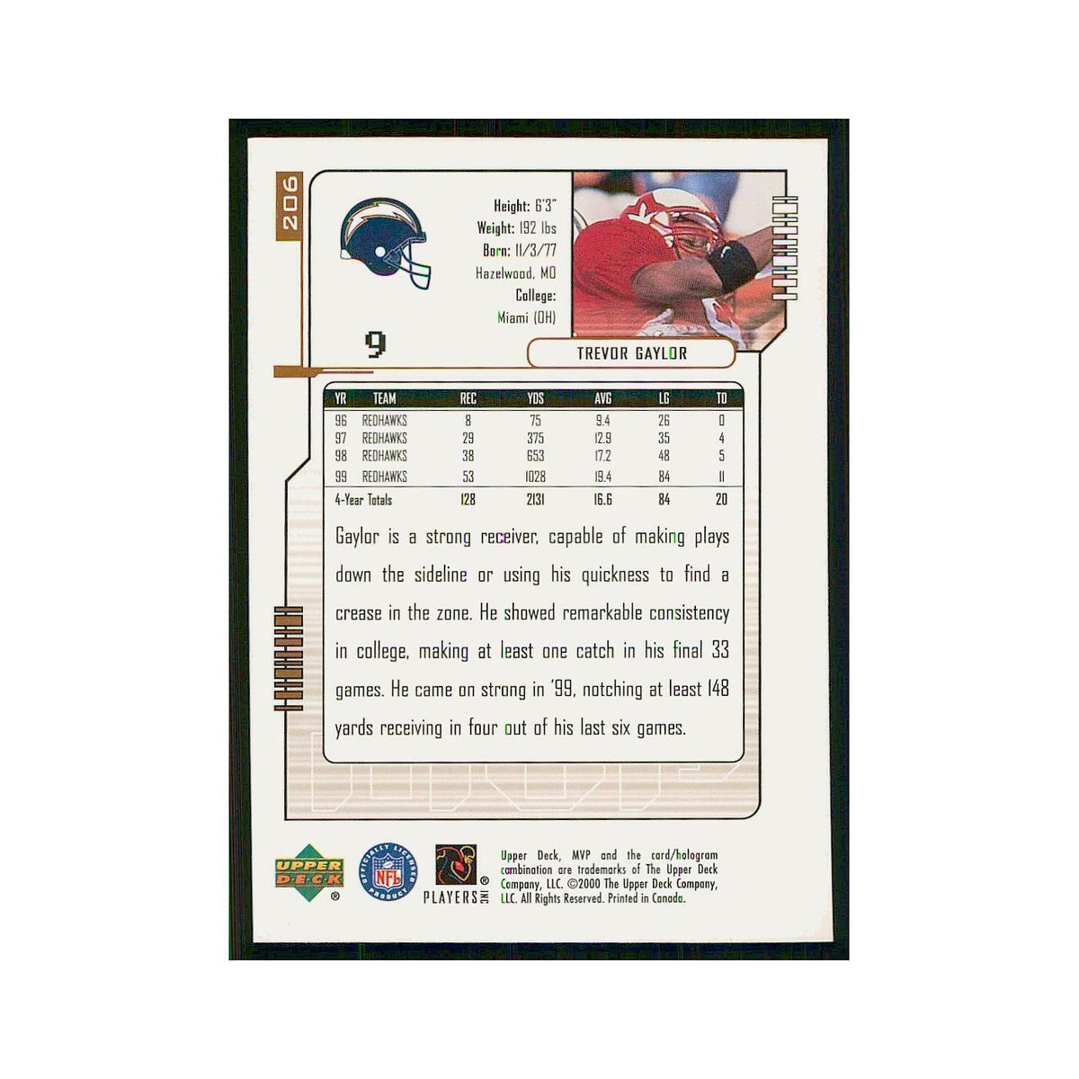 2000 Upper Deck MVP Trevor Gaylor RC San Diego Chargers #9