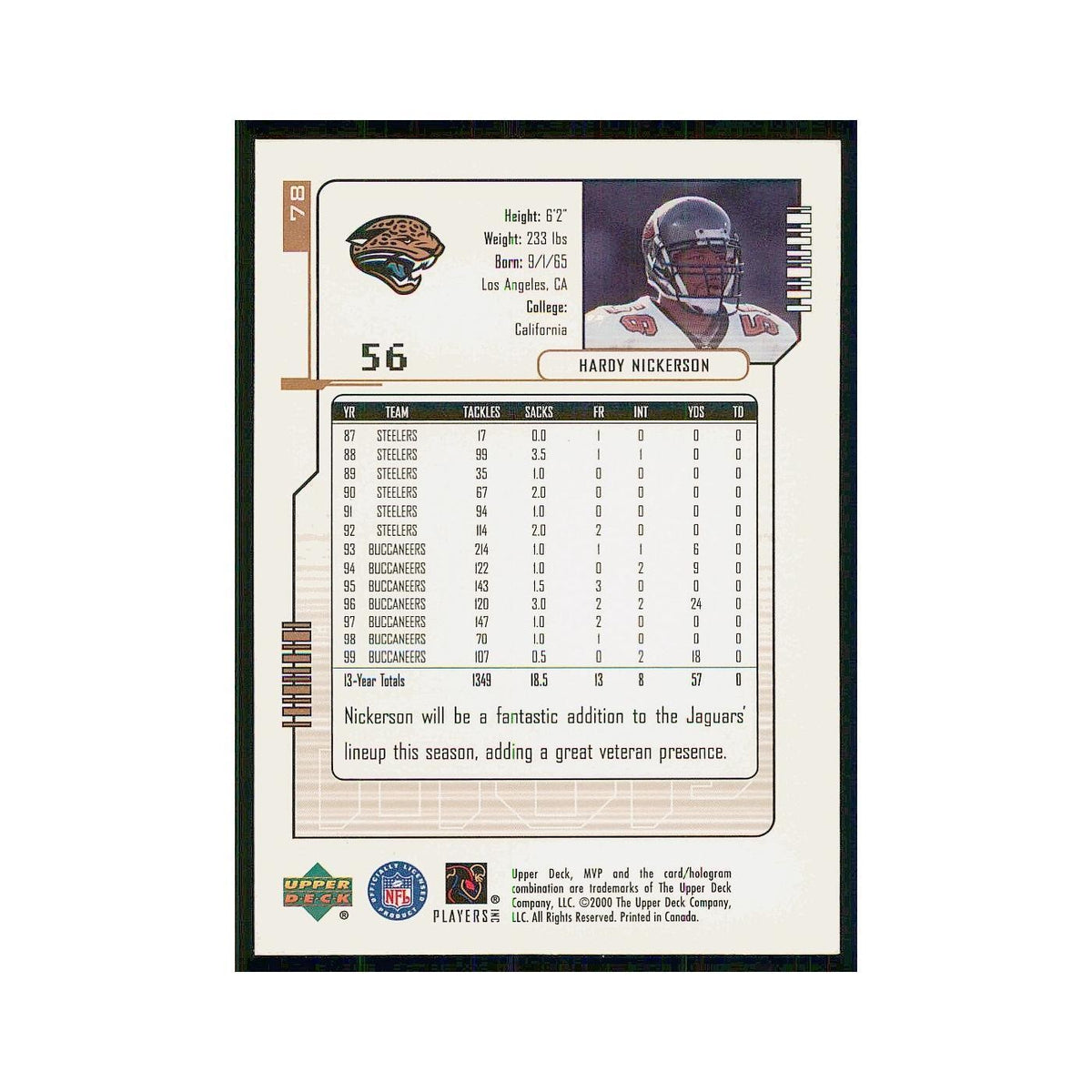 2000 Upper Deck MVP Hardy Nickerson Buccaneers #78