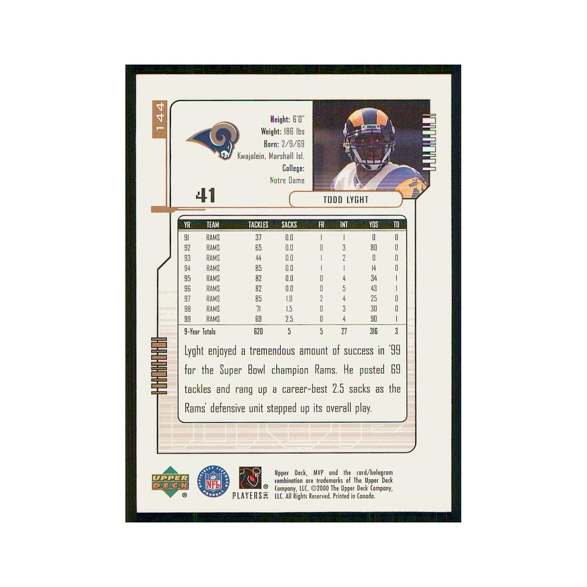 2000 Upper Deck MVP Todd Lyght St. Louis Rams #144