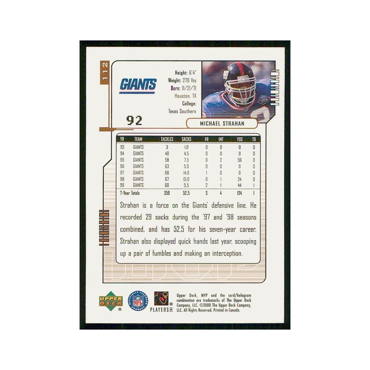 2000 Upper Deck MVP Michael Strahan Giants #112