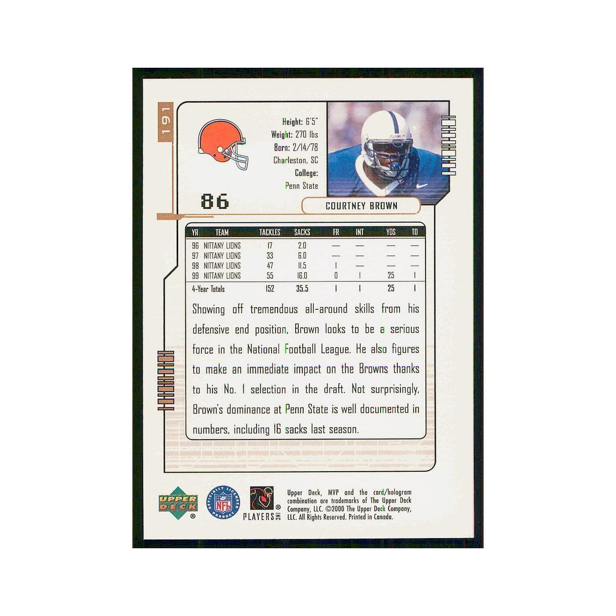 2000 Upper Deck MVP Courtney Brown RC Browns #191