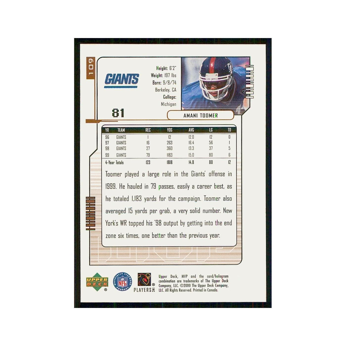 2000 Upper Deck MVP Amani Toomer Giants #109
