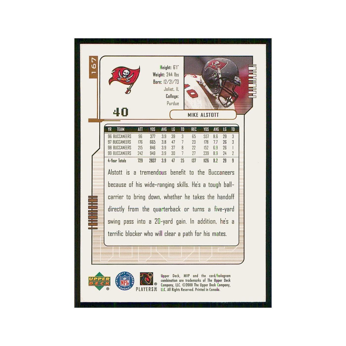 2000 Upper Deck MVP Mike Alstott Buccaneers #167