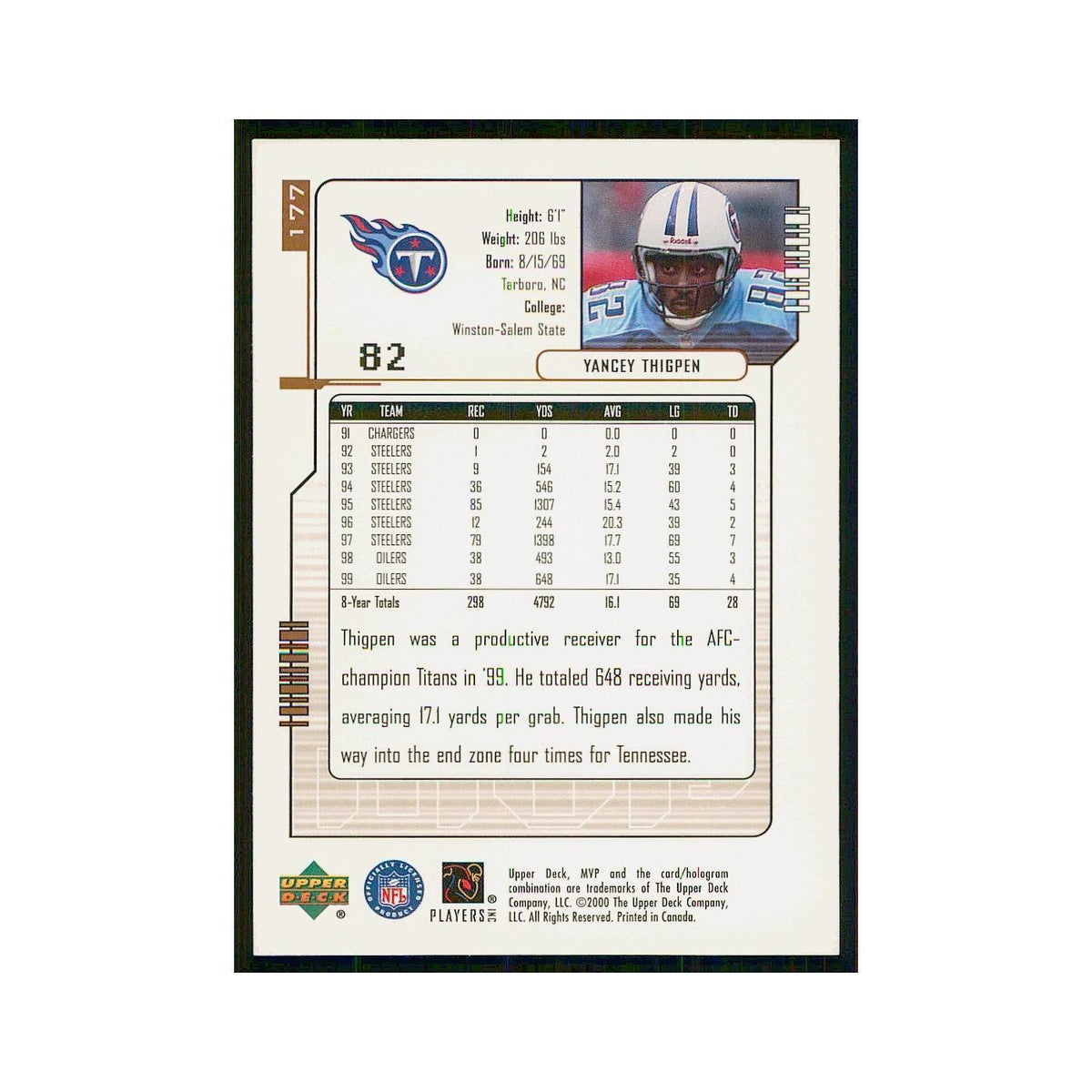 2000 Upper Deck MVP Yancey Thigpen Titans #177