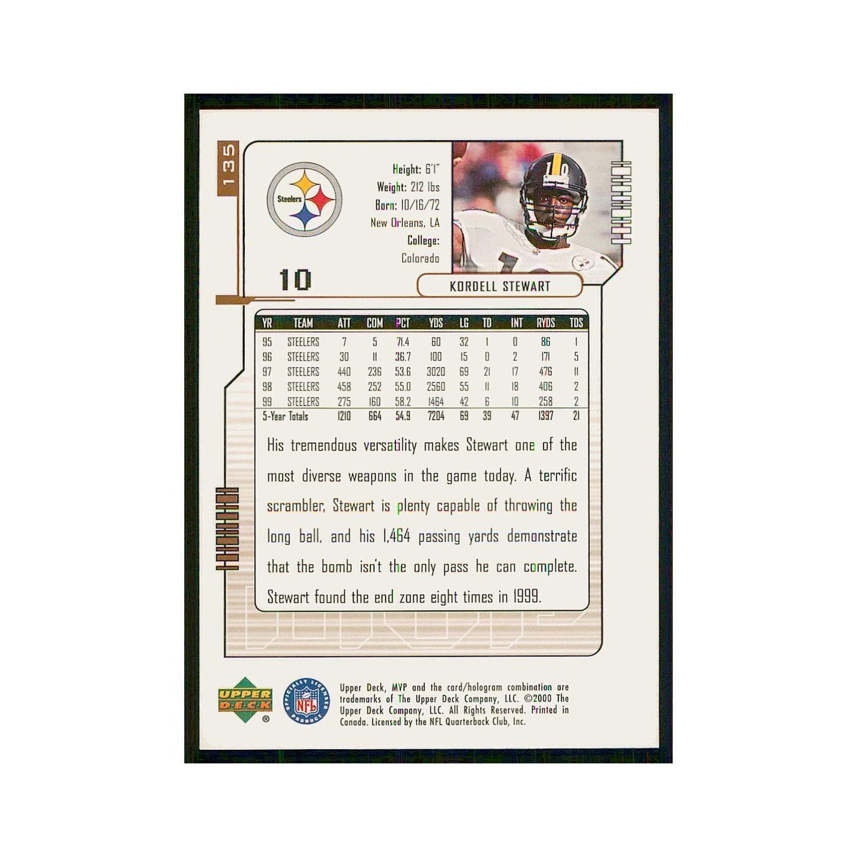 2000 Upper Deck MVP Kordell Stewart Steelers #135