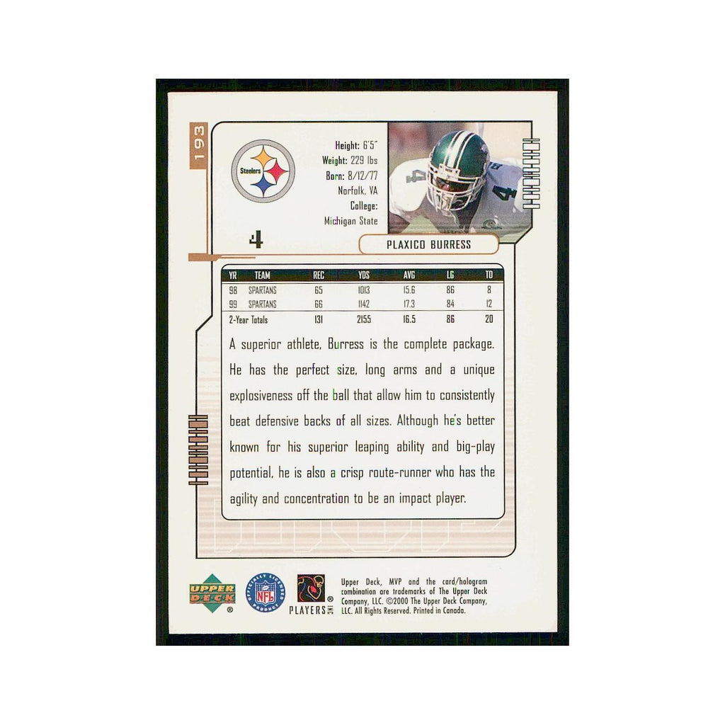 2000 Upper Deck MVP Plaxico Burress RC Michigan State Spartans #193