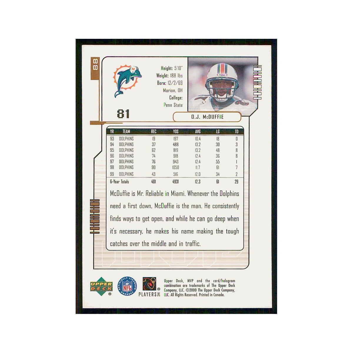 2000 Upper Deck MVP O.J. McDuffie Dolphins #88