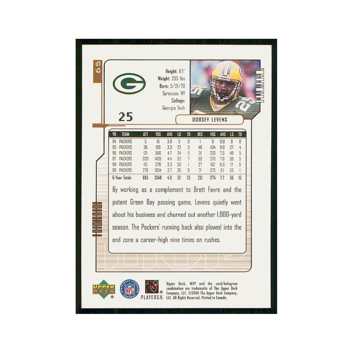 2000 Upper Deck MVP Dorsey Levens Packers #65