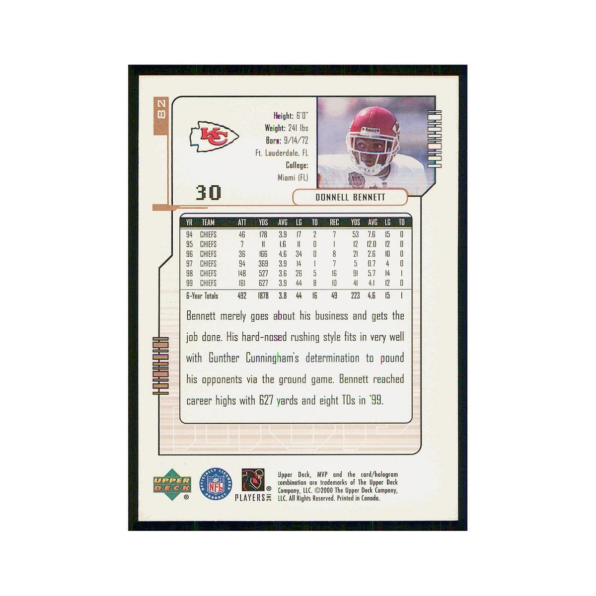 2000 Upper Deck MVP Donnell Bennett Chiefs #82