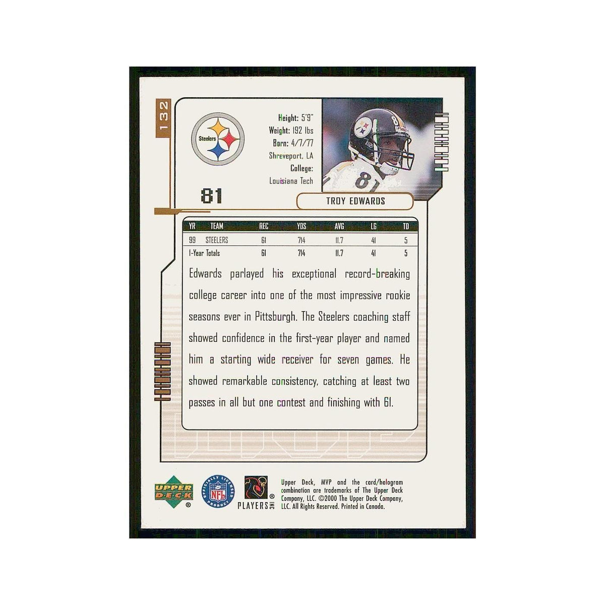 2000 Upper Deck MVP Troy Edwards Steelers #132