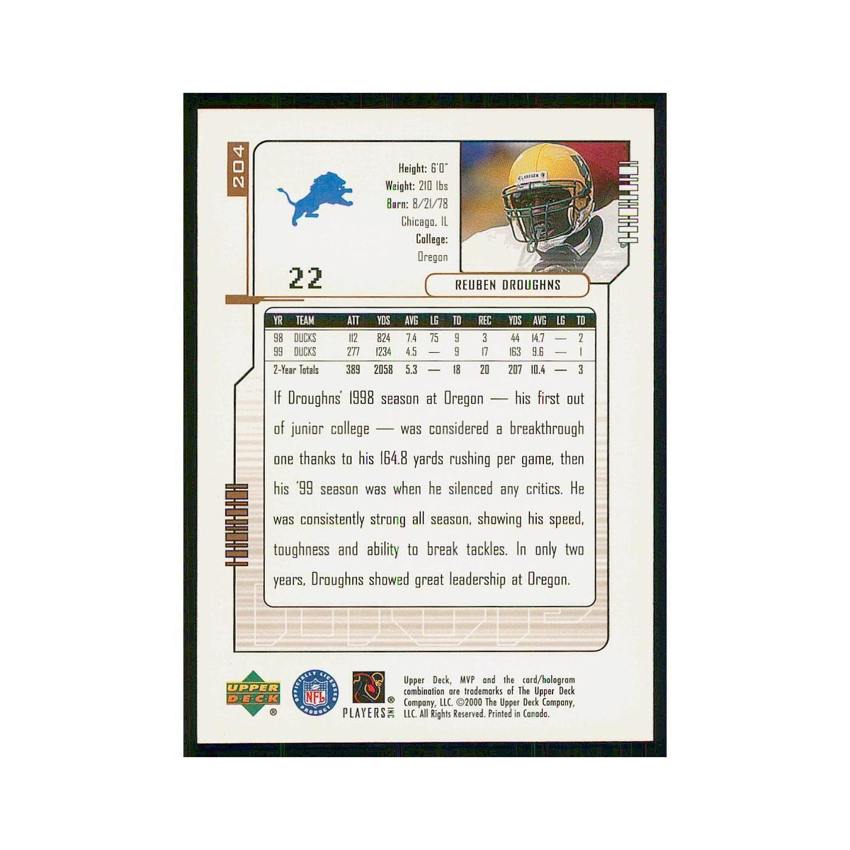 2000 Upper Deck MVP Reuben Droughns RC Lions #204