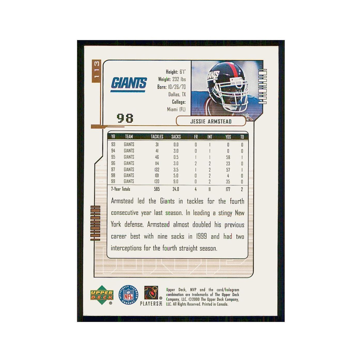 2000 Upper Deck MVP Jessie Armstead Giants #113