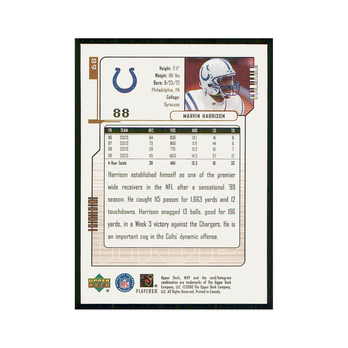 2000 Upper Deck MVP Marvin Harrison Colts #68