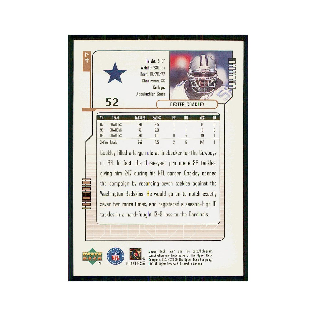 2000 Upper Deck MVP Dexter Coakley Cowboys #47