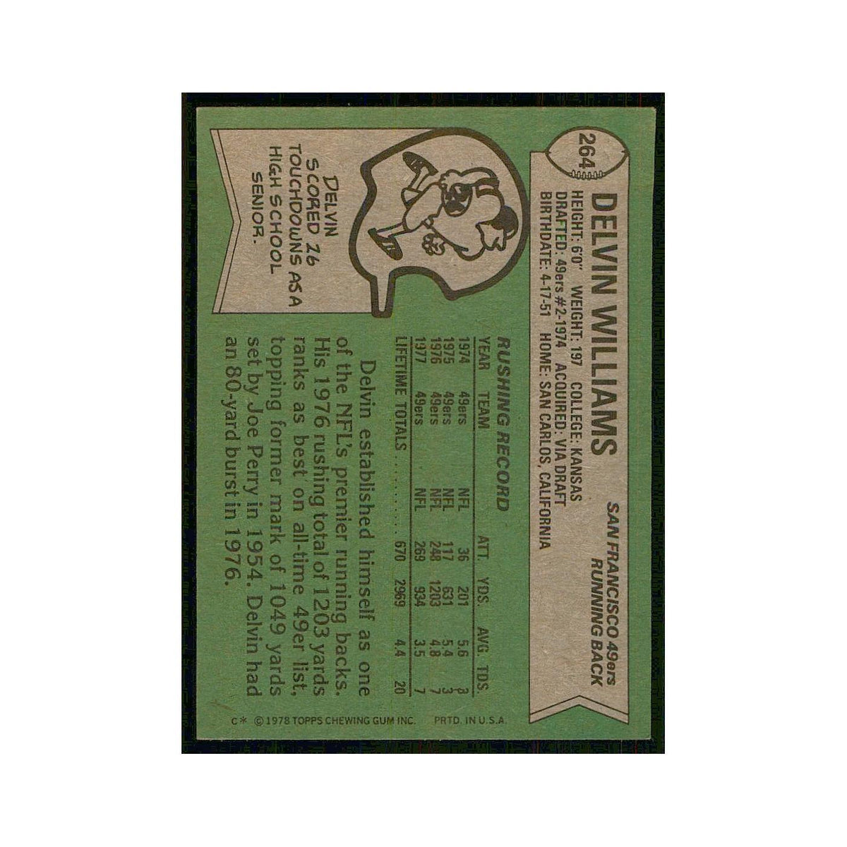 1978 Topps Delvin Williams 49ers #264