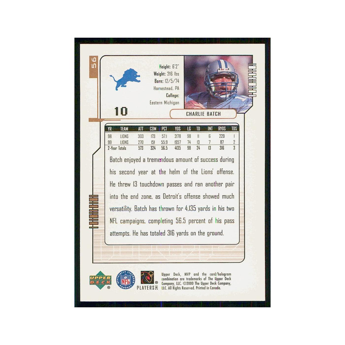 2000 Upper Deck MVP Charlie Batch Lions #56
