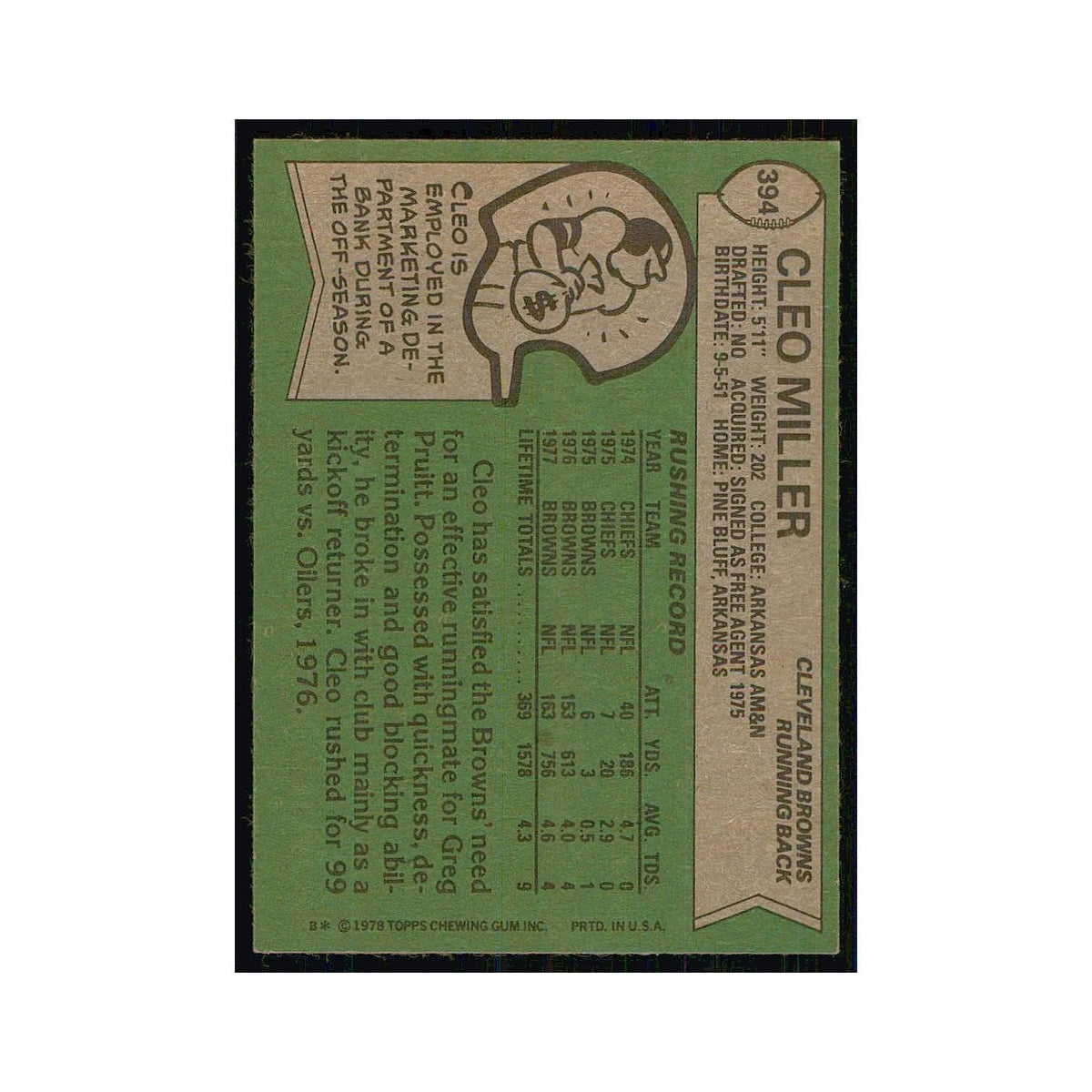 1978 Topps Cleo Miller Browns #394