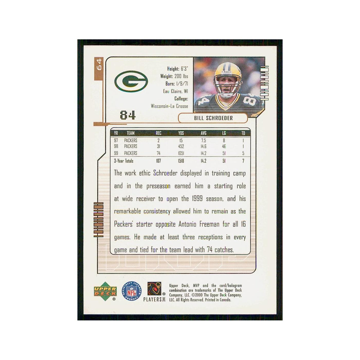 2000 Upper Deck MVP Bill Schroeder Packers #64