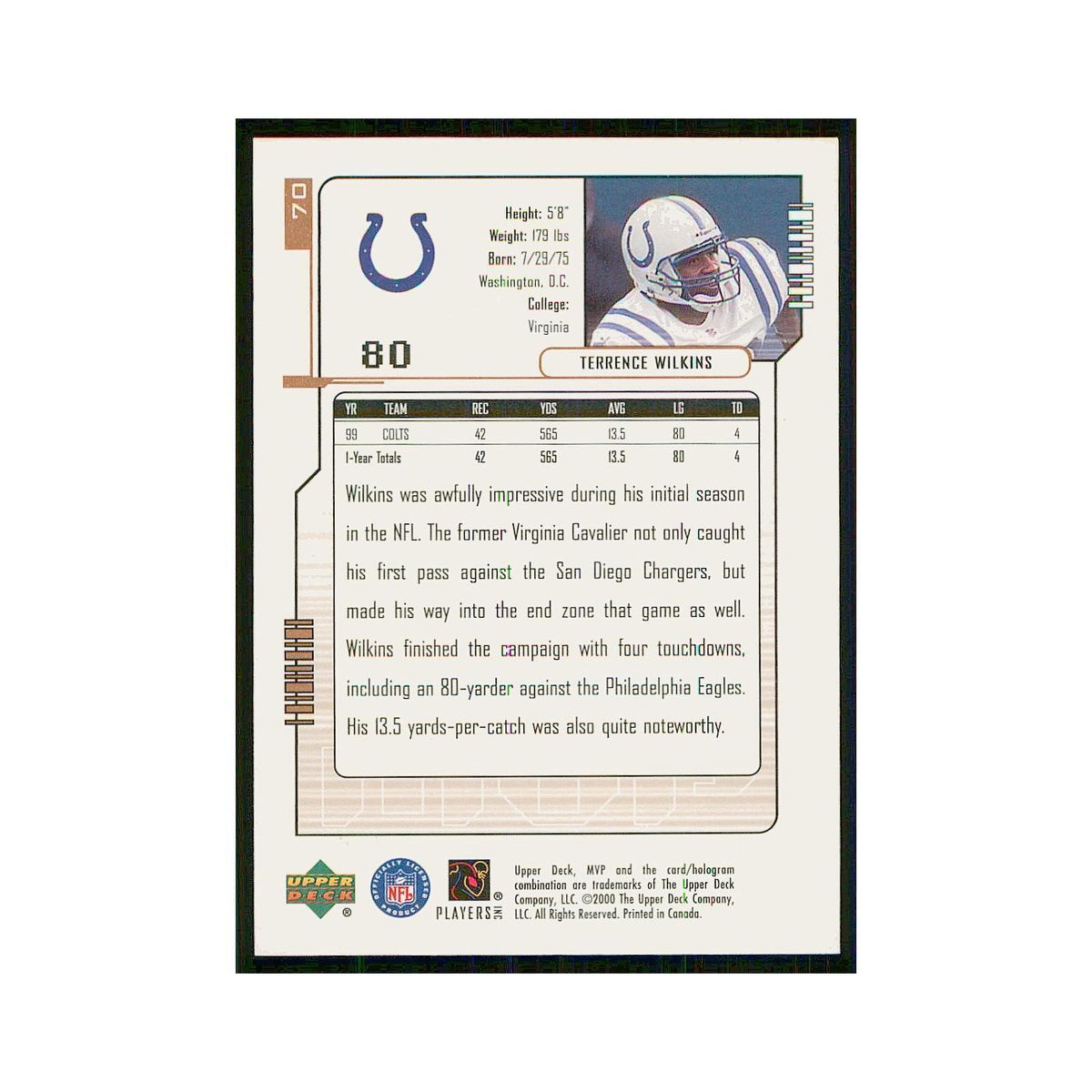 2000 Upper Deck MVP Terrence Wilkins Colts #70