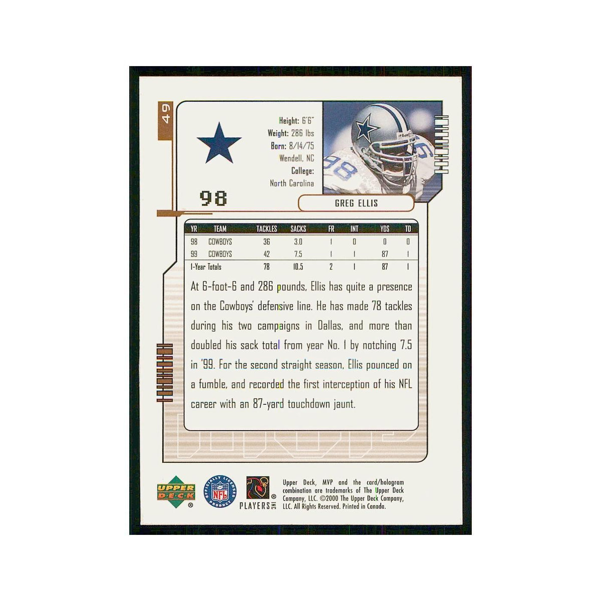 2000 Upper Deck MVP Greg Ellis Cowboys #49