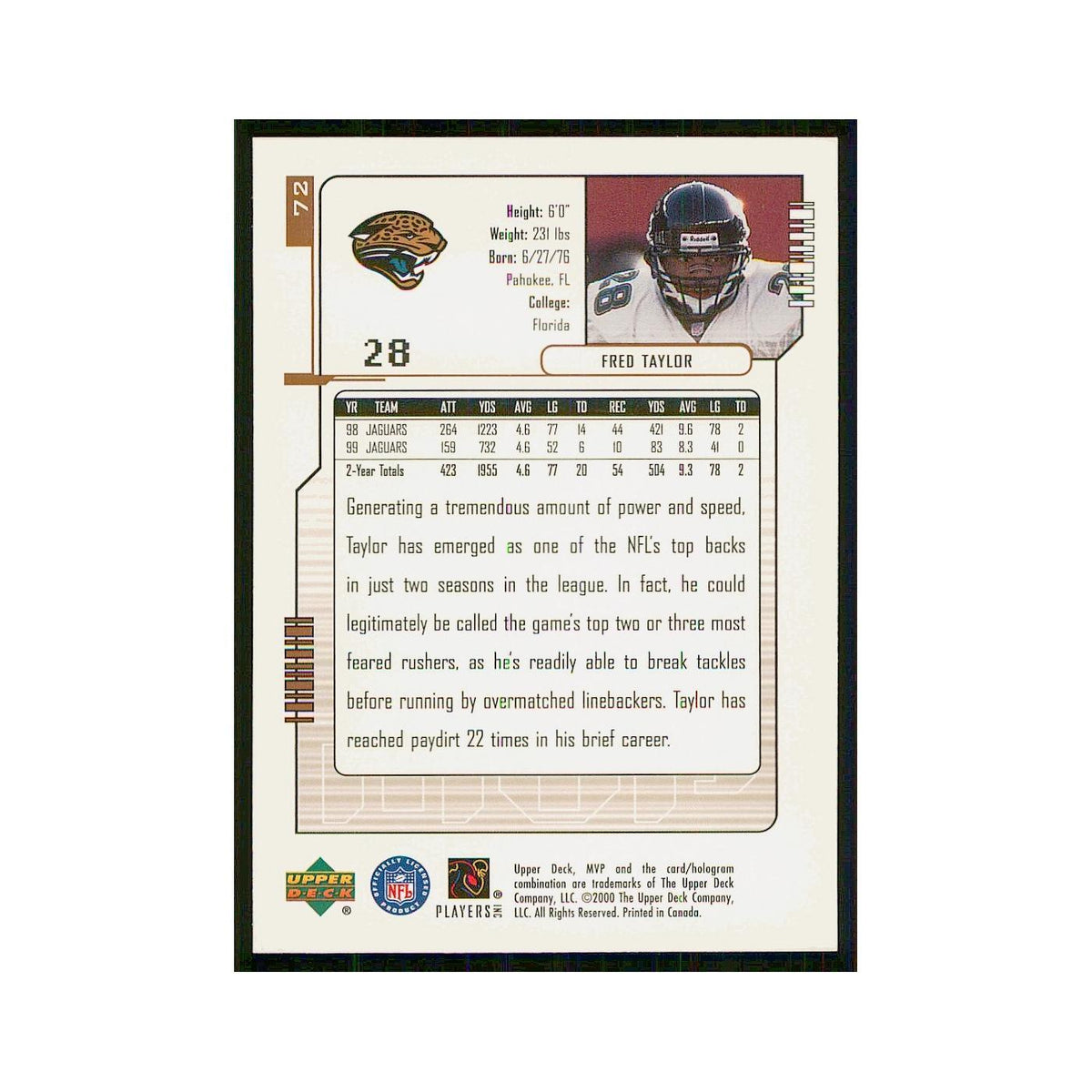 2000 Upper Deck MVP Fred Taylor Jaguars #72