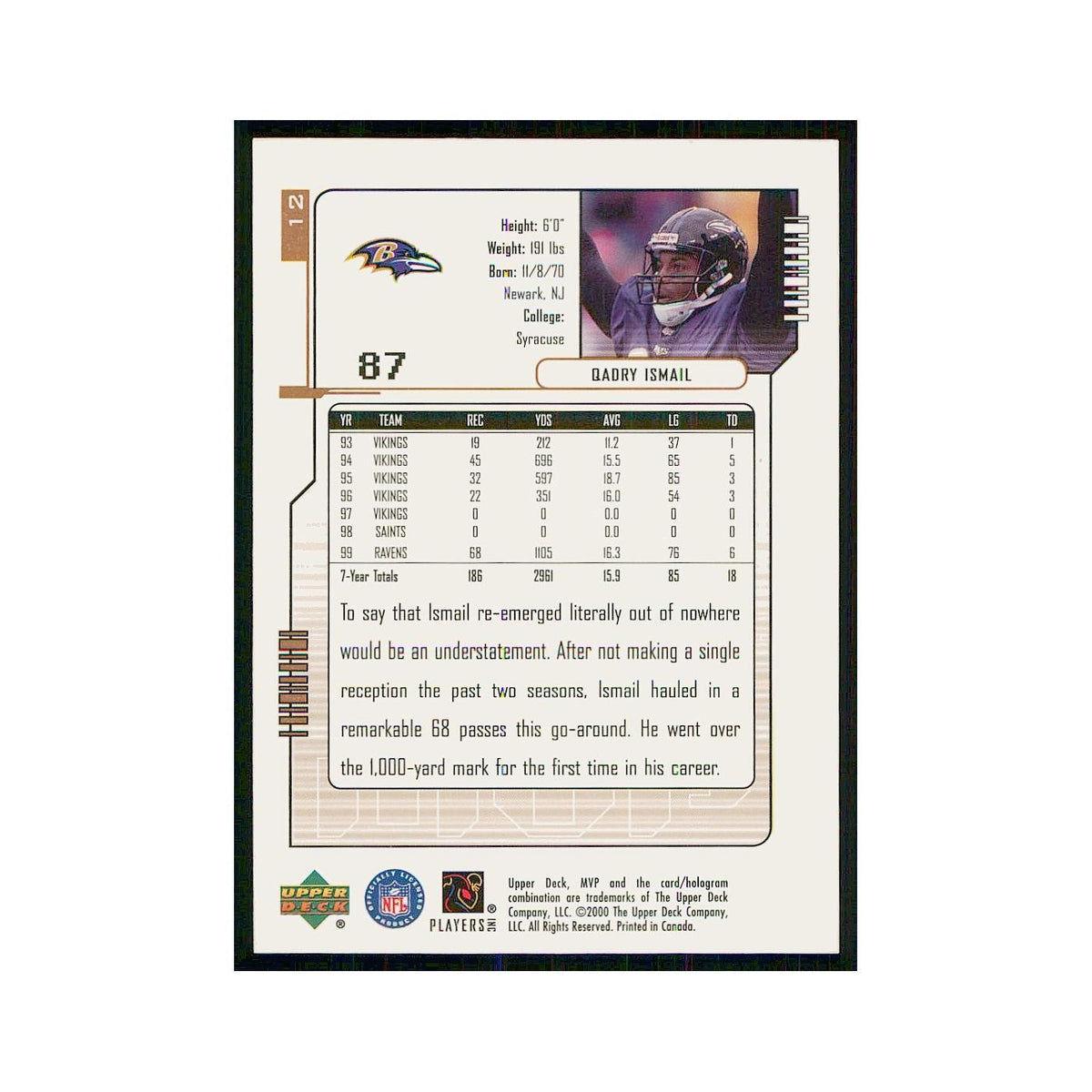2000 Upper Deck MVP Qadry Ismail Ravens #12