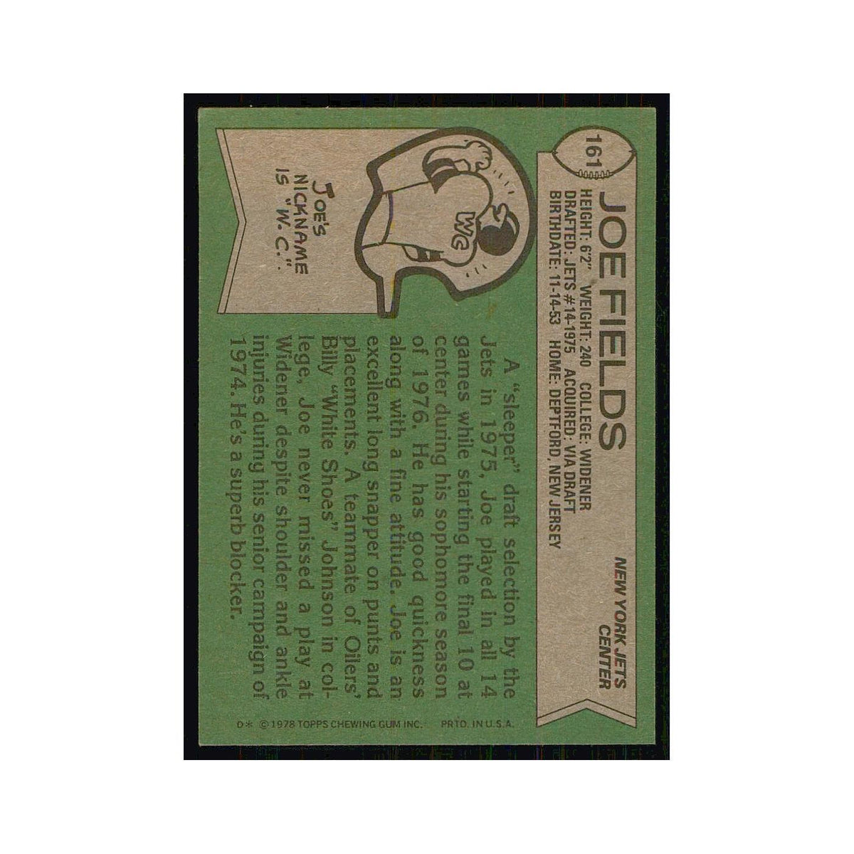 1978 Topps Joe Fields Jets #161