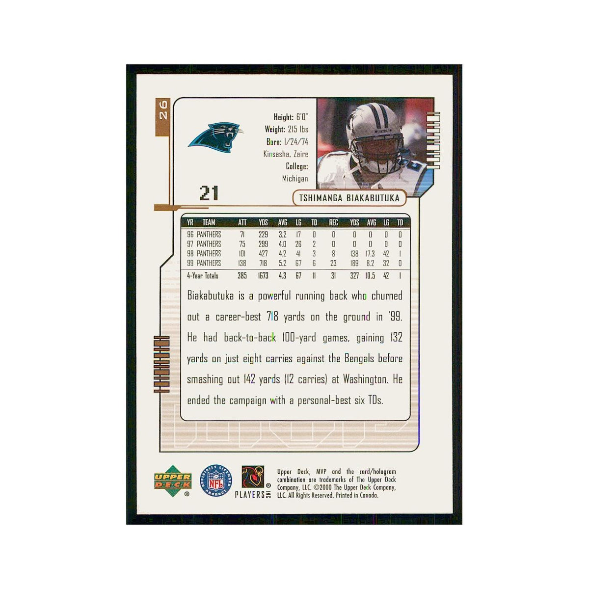 2000 Upper Deck MVP Tim Biakabutuka Panthers #26