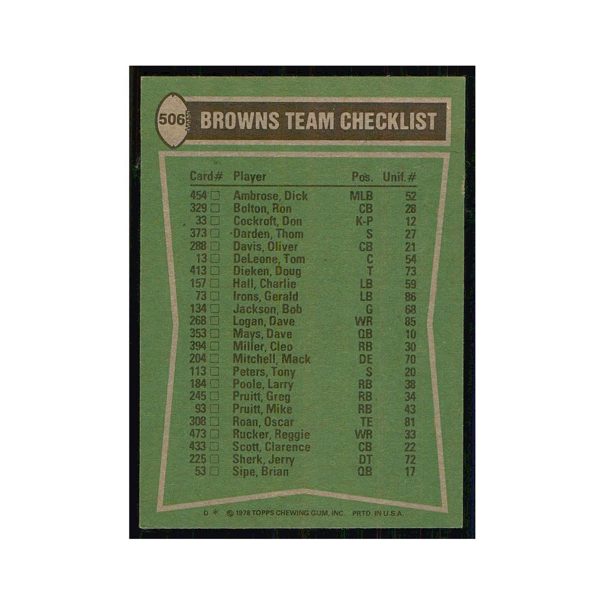 1978 Topps Greg Pruitt/Reggie Rucker/Thom Darden/Mack Mitchell Browns #506