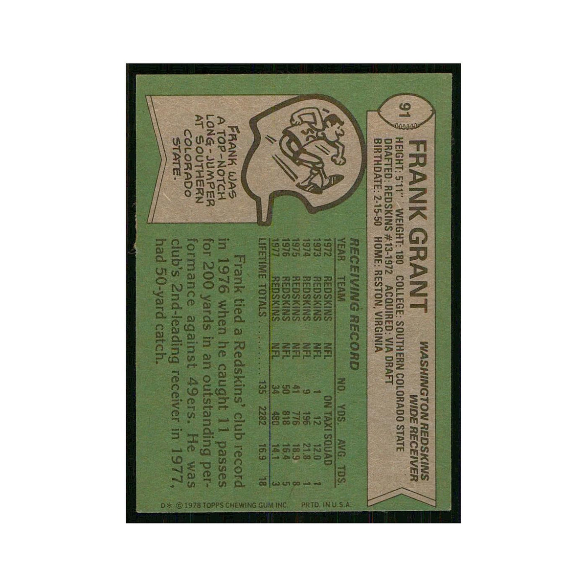 1978 Topps Frank Grant Redskins #91