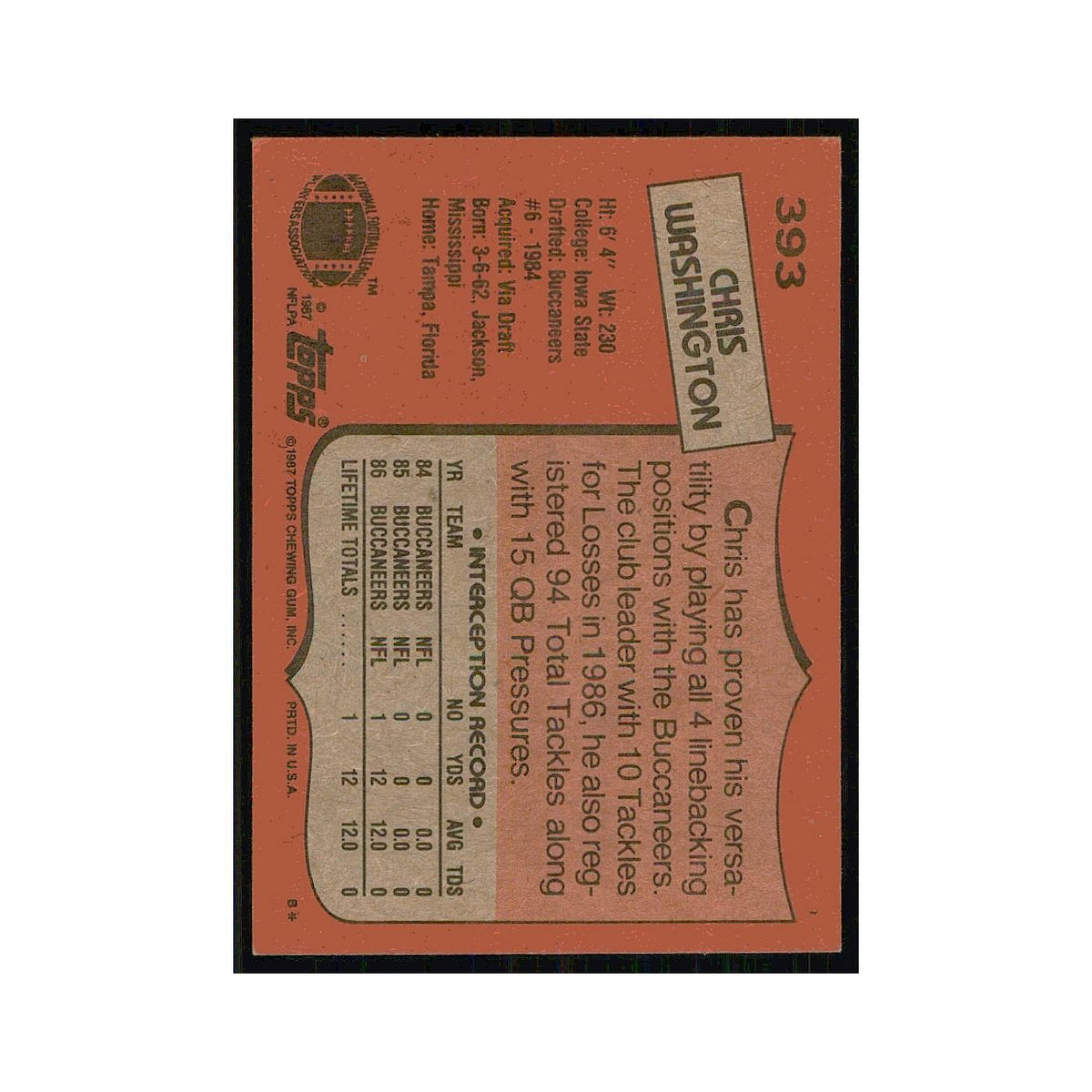 1987 Topps Chris Washington RC Buccaneers #393