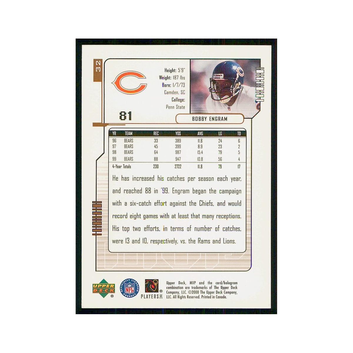 2000 Upper Deck MVP Bobby Engram Bears #32