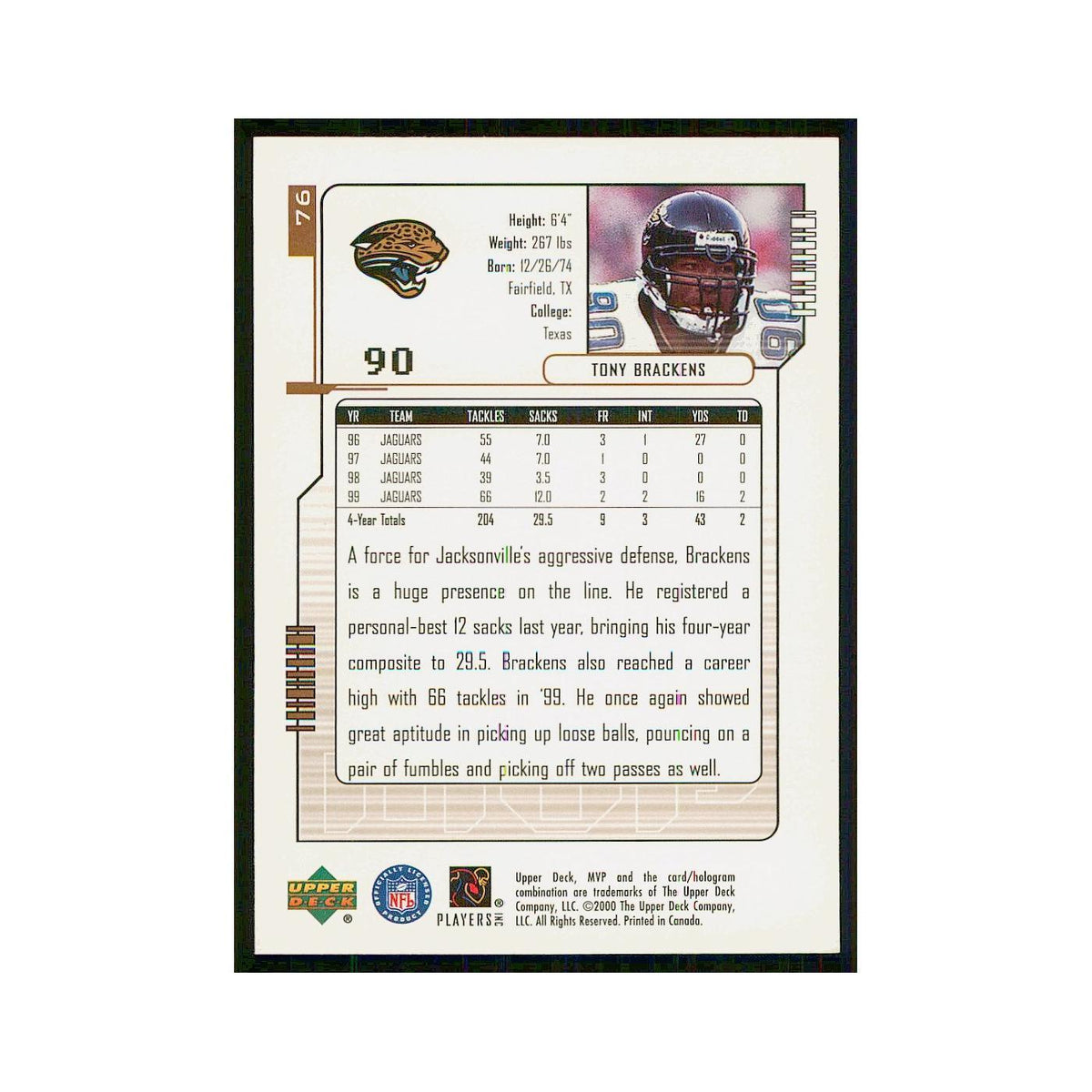 2000 Upper Deck MVP Tony Brackens Colts #76