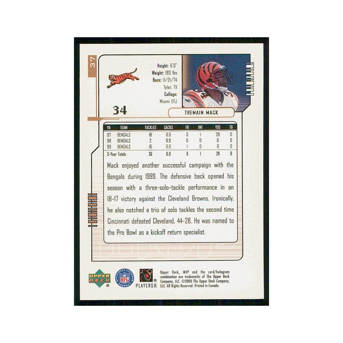 2000 Upper Deck MVP Tremain Mack Bengals #37