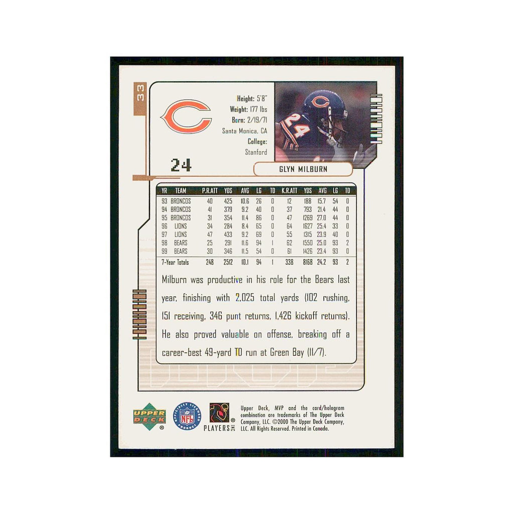 2000 Upper Deck MVP Glyn Milburn Bears #33