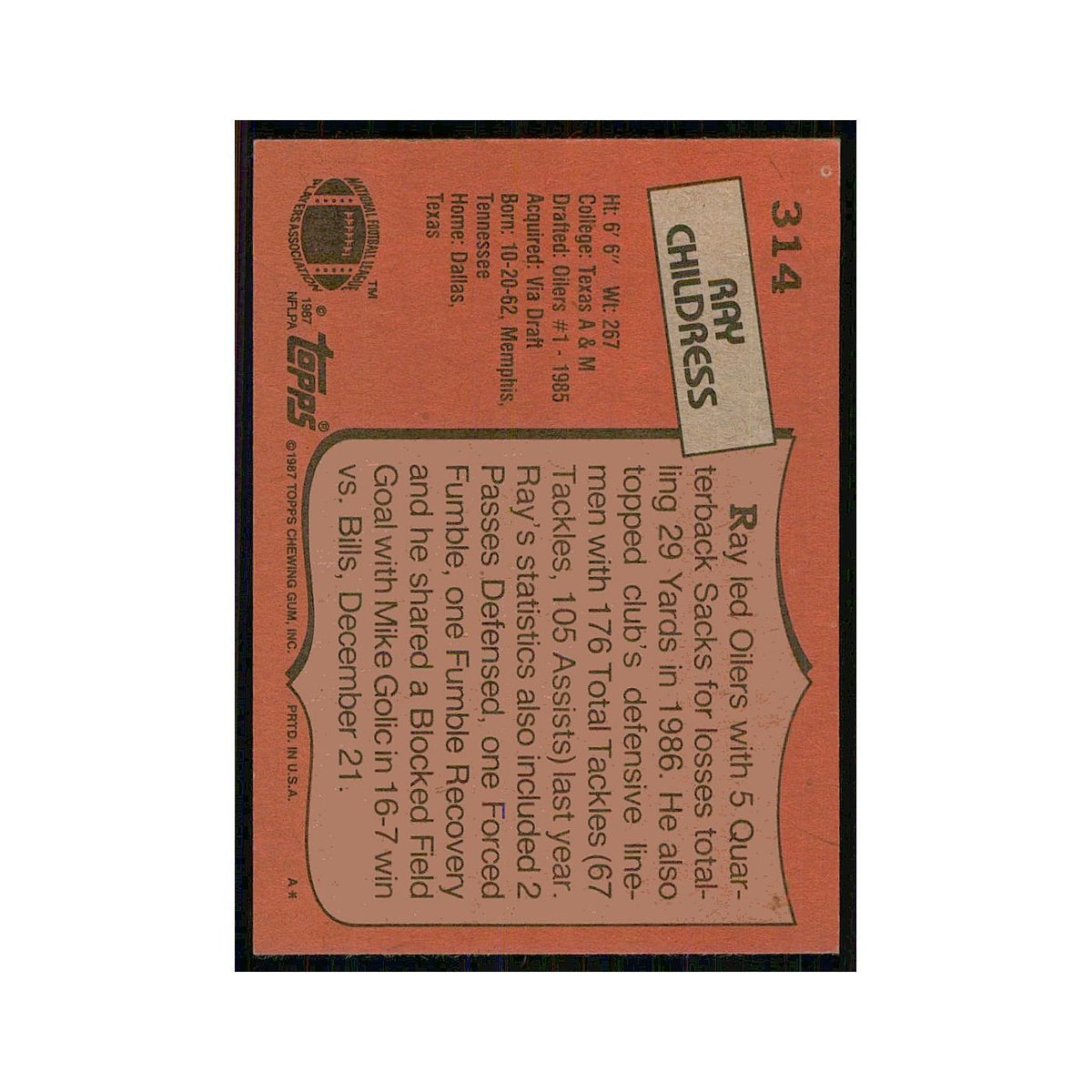 1987 Topps Ray Childress Houston Oilers #314