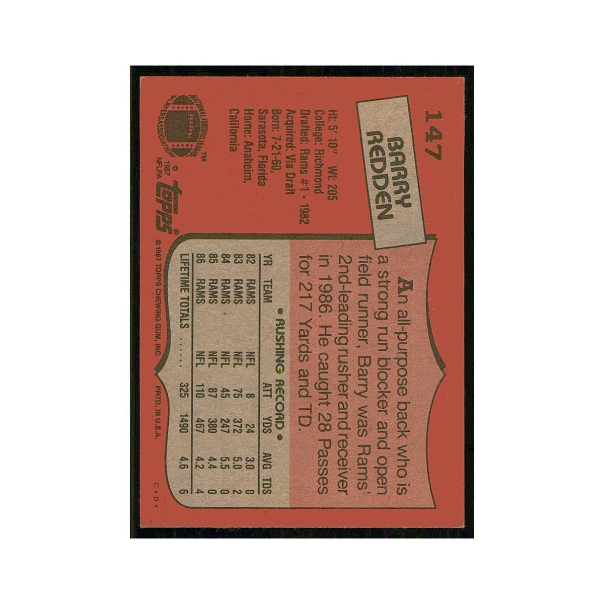 1987 Topps Barry Redden Rams #147