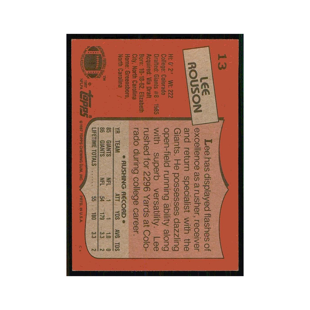 1987 Topps Lee Rouson RC Giants #13